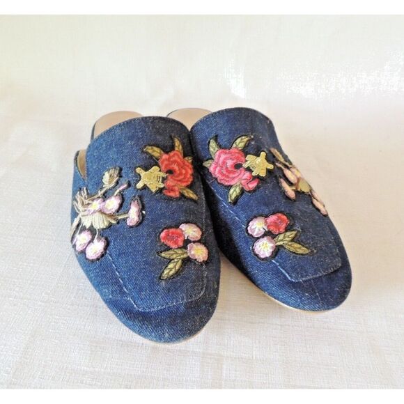 DSW Mix No. 6 Alexcina Denim Embroidered Floral Embellished Flat Mules Sz. 9 - Picture 1 of 6
